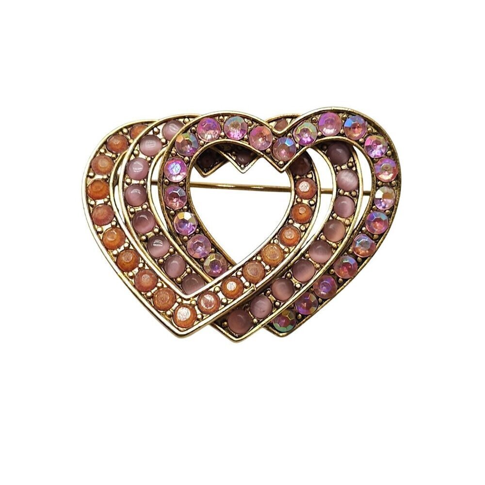 Vintage Liz Claiborne Gold Tone Interlocking Heart Brooch With Pink Rhinestones